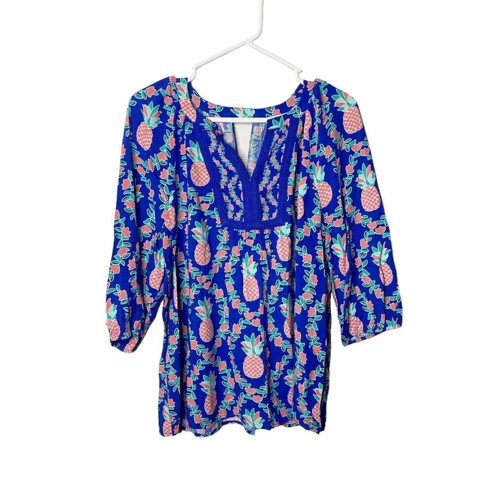 Crown Ivy Jersey Knit Blouse Bell Sleeve V-Neck Blue Green Pineapple Sz M